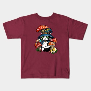 Adorable and Mystical Kitty Cat Wizard Sitting in some Mushrooms Kids T-Shirt